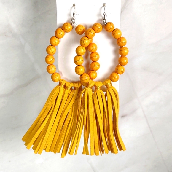 Harvest Yellow Howlite Hoop Earrings w/Suede Tassels - Picture 2 of 4